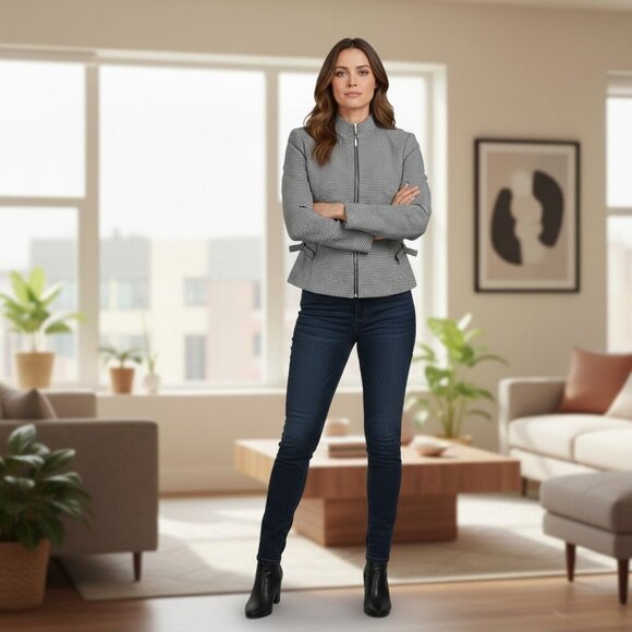 Michael Taylor Womens Houndstooth Jacket Black & White Zip Closure-S - Picture 1 of 9